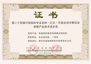 第24屆中國(guó)國(guó)際專業(yè)音響燈光樂(lè)器及技術(shù)展產(chǎn)品技術(shù)進(jìn)步獎(jiǎng)一等獎(jiǎng)證書(shū)